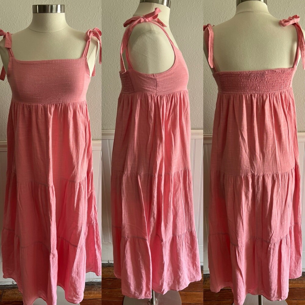 Zara Tie Shoulder Tiered Midi Dress Baby Doll Style Smocked Back 100% Cotton M